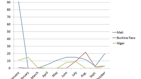Evolución de los atentados terroristas durante el año 2017 en Malí (Azul), Burkina Faso (Rojo) y Níger (Verde) Evolución de los atentados terroristas durante el año 2017 en Malí (Azul), Burkina Faso (Rojo) y Níger (Verde)
