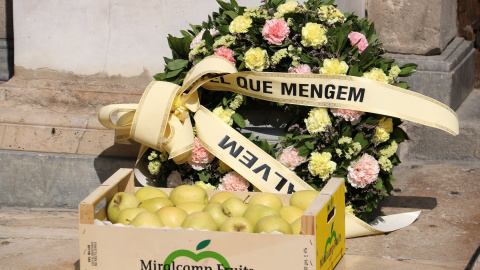 Una caixa de pomes i una corona de flors que simbolitza la mort del sector agrícola, davant del Palau de laGeneralitat.