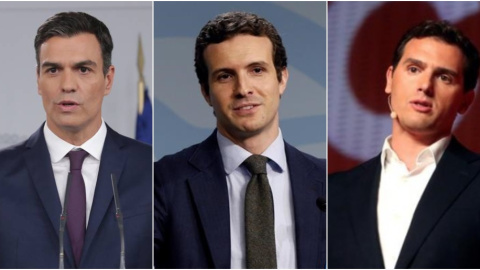 De izquierda a derecha: Pedro Sánchez, Pablo Casado y Albert Rivera. EFE De izquierda a derecha: Pedro Sánchez, Pablo Casado y Albert Rivera. EFE