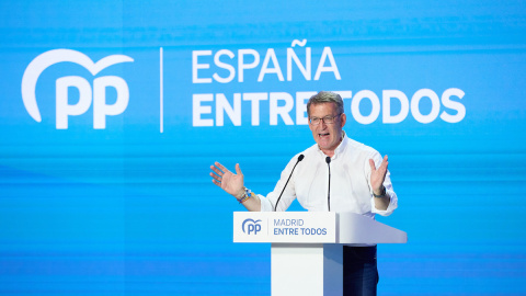 Alberto Núñez Feijóo durante el acto de cierre de campaña del PP de Madrid, a 26 de mayo de 2023, en Madrid. Alberto Núñez Feijóo durante el acto de cierre de campaña del PP de Madrid, a 26 de mayo de 2023, en Madrid.