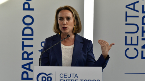 Cuca Gamarra interviene durante un acto con militantes en el Hotel Parador La Muralla, a 22 de mayo de 2023, en Ceuta. Cuca Gamarra interviene durante un acto con militantes en el Hotel Parador La Muralla, a 22 de mayo de 2023, en Ceuta.