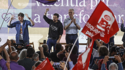 Pablo Iglesias junto a Pilar Lima y Héctor Illueca en un acto de cierre de campaña de Unides Podem-Esquerra Unida, a 26 de mayo de 2023, en València. Pablo Iglesias junto a Pilar Lima y Héctor Illueca en un acto de cierre de campaña de Unides Podem-Esquerra Unida, a 26 de mayo de 2023, en València.