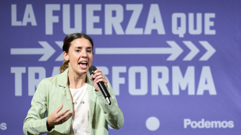Irene Montero interviene durante un acto de campaña de Podemos-IU, a 25 de mayo de 2023, en Santander. Irene Montero interviene durante un acto de campaña de Podemos-IU, a 25 de mayo de 2023, en Santander.