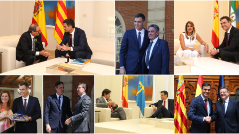 De izquierda a derecha y de arriba a abajo, el presidente del Gobierno, Pedro Sánchez, con Quim Torra (presidente de la Generalitat de Catalunya), Miguel Ángel Revilla (presidente de Cantabria), Susana Díaz (presidenta de la Junta de Andalu De izquierda a derecha y de arriba a abajo, el presidente del Gobierno, Pedro Sánchez, con Quim Torra (presidente de la Generalitat de Catalunya), Miguel Ángel Revilla (presidente de Cantabria), Susana Díaz (presidenta de la Junta de Andalu