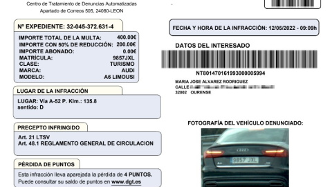 25/5/23 Extracto de la multa impuesta por la DGT a la esposa del chófer de Manuel Baltar por circular con exceso de velocidad en el coche oficial del presidente de la Deputación de Ourense.