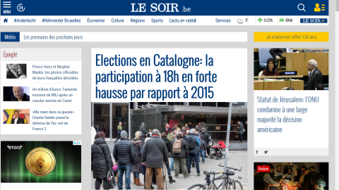 El periódico belga Le Soir, muy interesado en la cuestión catalana, destaca en el centro de su portada (siendo la noticia más grande de todas) 'Elecciones en Catalunya: la participación a las 18h crece ampliamente en comparación a 2015'