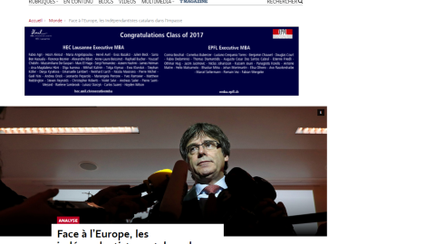 El diario suizo Le Temps destaca las elecciones como segunda noticia más importante con una foto de Carles Puigdemont con el titular ' Frente a Europa, los independentistas catalanes en un impas'
