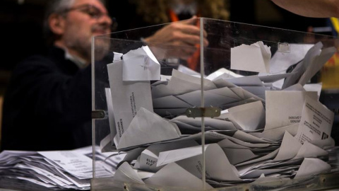 Los miembros de una mesa electoral participan en el recuento de votos en el colegio La Sedeta, tras la jornada de las elecciones catalanas del 21D. EFE/Quique García Los miembros de una mesa electoral participan en el recuento de votos en el colegio La Sedeta, tras la jornada de las elecciones catalanas del 21D. EFE/Quique García