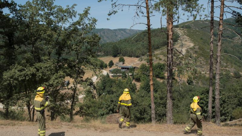 Bomberos forestales trabajan en las tareas de extinción de los dos incendios declarados en el parque natural de O Invernadoiro. - EFE Bomberos forestales trabajan en las tareas de extinción de los dos incendios declarados en el parque natural de O Invernadoiro. - EFE