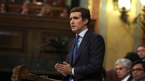 22/07/2019.-El presidente del Partido Popular, Pablo Casado, durante su intervención su intervención en la primera jornada del debate de investidura que afronta el líder socialista y que puede desembocar en su elección como presidente del p 22/07/2019.-El presidente del Partido Popular, Pablo Casado, durante su intervención su intervención en la primera jornada del debate de investidura que afronta el líder socialista y que puede desembocar en su elección como presidente del p