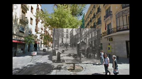 Imágenes de la Guerra Civil con las panorámicas de GoogleStreet View. CALLE PEZ CON PLAZA DE CARLOS CAMBRONERO (1937) // Sebastian Maharg