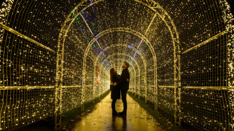 Miranda Jenatka y Alex Poco posan durante el evento de presentación de las luces de "Navidad en Kew" en los jardines de Kew en el suroeste de Londres. // LEON NEAL (AFP)