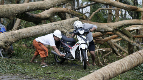 Un motorista maniobra a través de los árboles caidos por el tifón, cerca de la ciudad filipibna de Taft, en la isla de Samar. // EFE/EPA/FRANCIS R. MALASIG