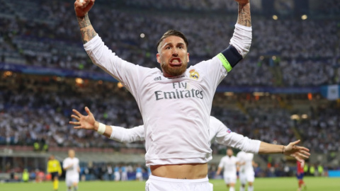 Sergio Ramos, del Real Madrid, celebra haber marcado el primer gol de la final de la Champions League en Milán. REUTERS/  Carl Recine Livepic