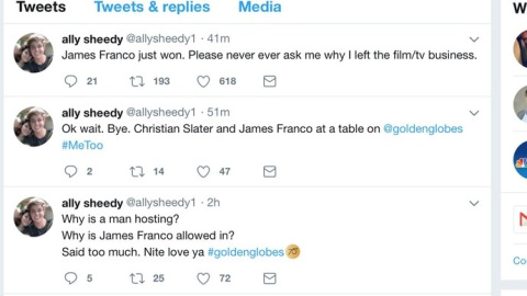 Mensajes en Twitter de la actriz Ally Sheedy sobre James Franco. Mensajes en Twitter de la actriz Ally Sheedy sobre James Franco.