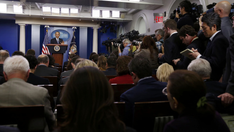 El presidente de EEUU, Barack Obama, en la rueda de prensa en la Casa Blanca tras el ciberataque contra Sony Pictures. REUTERS/Larry Downing El presidente de EEUU, Barack Obama, en la rueda de prensa en la Casa Blanca tras el ciberataque contra Sony Pictures. REUTERS/Larry Downing