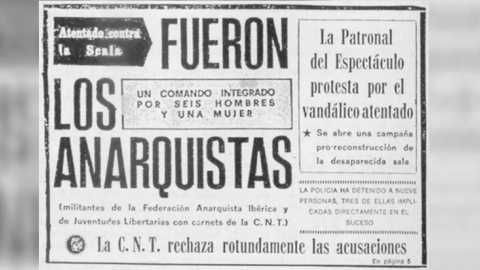 Recorte de prensa sobre el incendio en la sala de fiesta Scala, de Barcelona Recorte de prensa sobre el incendio en la sala de fiesta Scala, de Barcelona