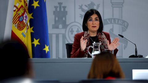 La ministra de Sanidad, Carolina Darías, durante la rueda de prensa ofrecida este miércoles en Madrid tras su asistencia al Consejo Interterritorial de Salud.