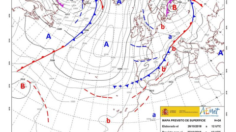 Mapa de isobaras elaborado por la AEMET el 26/10/2018, válido para el 27/10/2018./EFE Mapa de isobaras elaborado por la AEMET el 26/10/2018, válido para el 27/10/2018./EFE