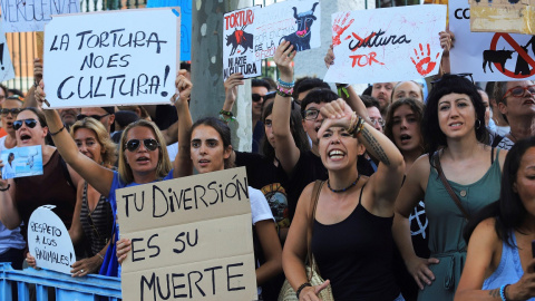 09/08/2019.- Manifestación antitaurina en Palma de Mallorca con motivo de la corrida de toros que se celebra este viernes en el Coliseo Balear. / EFE / LLITERES 09/08/2019.- Manifestación antitaurina en Palma de Mallorca con motivo de la corrida de toros que se celebra este viernes en el Coliseo Balear. / EFE / LLITERES