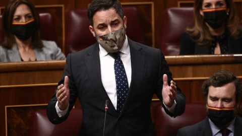 El líder de Vox, Santiago Abascal, interviene durante una sesión de control al Gobierno en el Congreso de los Diputados, en Madrid (España), a 10 de marzo de 2021. El líder de Vox, Santiago Abascal, interviene durante una sesión de control al Gobierno en el Congreso de los Diputados, en Madrid (España), a 10 de marzo de 2021.