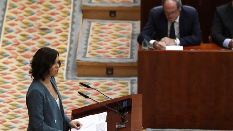 La candidata del PP a la Presidencia de la Comunidad de Madrid, Isabel Díaz Ayuso, durante su discurso de la primera sesión del pleno de investidura. La candidata del PP a la Presidencia de la Comunidad de Madrid, Isabel Díaz Ayuso, durante su discurso de la primera sesión del pleno de investidura.