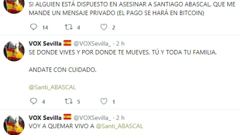 Captura de los mensajes emitidos desde la cuenta de Vox Sevilla que ha sido hackeada. Captura de los mensajes emitidos desde la cuenta de Vox Sevilla que ha sido hackeada.