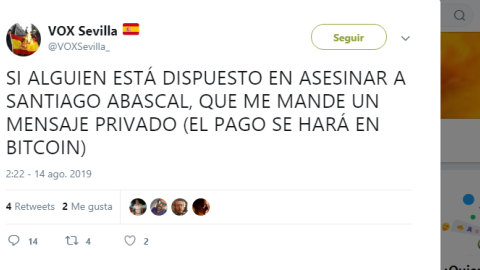 14/08/2019 - Captura del ataque informático a la cuenta de Vox Sevilla. 14/08/2019 - Captura del ataque informático a la cuenta de Vox Sevilla.