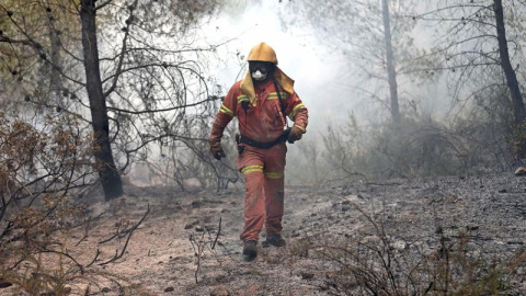 Un brigadista forestal trabaja en el frente del incendio forestal en la localidad de la Barraca de Aguas Vivas, Valencia. EFE/Manuel Bruque.