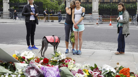 Varias personas en el homenaje a Jo Cox frente al Parlamento inglés, en Londres