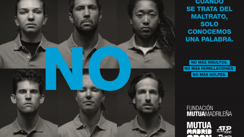 Cartel de la campaña de la Fundación Mutua Madrileña de sensibilización contra la violencia machista protagonizada por los tenistas que participane en el torneo Mutua Madrid Open. Cartel de la campaña de la Fundación Mutua Madrileña de sensibilización contra la violencia machista protagonizada por los tenistas que participane en el torneo Mutua Madrid Open.