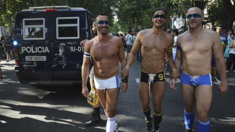 Tres participantes del tradicional desfile del Orgullo Gay que hoy recorre las calles de Madrid con el lema "Leyes por la igualdad real ¡Ya!".- EFE