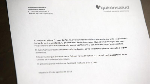 Vista del parte médico del rey emérito Juan Carlos. EFE Vista del parte médico del rey emérito Juan Carlos. EFE