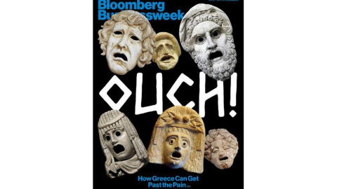 Por fin una portada que habla de Grecia sin estatuas ni templos clásicos. La revista británica Bloomberg hacía un juego de imágenes con las máscaras teatrales que se usaban en escenas dramáticas para ilustrar la "tragedia" griega.