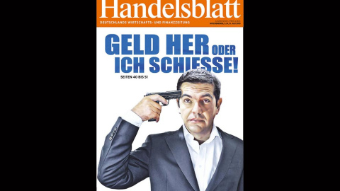 Esta publicación económica alemana, normalmente seria y rigurosa, se publicaba este viernes (dos días antes del referéndum) con esta imagen de Tsipras y el título "El dinero o disparo".