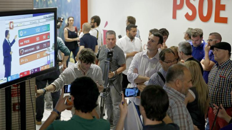 Ambiente en la sede del PSOE, en la madrileña calle de Ferraz, tras el cierre de los colegios electorales en esta jornada de elecciones generales. EFE/Chema Moya