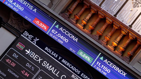 Paneles informativos de la Bolsa de Madrid que muestran la cotización de los valores que componen el Ibex 35. EFE/Fran del Olmo Paneles informativos de la Bolsa de Madrid que muestran la cotización de los valores que componen el Ibex 35. EFE/Fran del Olmo