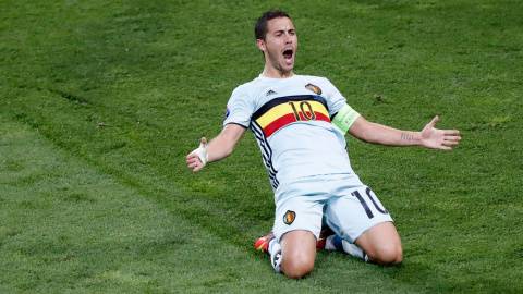 El belga Eden Hazard celebra su gol contra Hungría. /REUTERS El belga Eden Hazard celebra su gol contra Hungría. /REUTERS