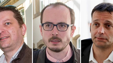 Combo de fotografías que muestra a Raphaël Halet, Antonine Deltour, ambos ex empleados de PwC y al periodista francés Edouard Perrin a su llegada al tribunal de Luxemburgo en el caso del escándalo fiscal LuxLeaks el pasado 4 de mayo de 2016 Combo de fotografías que muestra a Raphaël Halet, Antonine Deltour, ambos ex empleados de PwC y al periodista francés Edouard Perrin a su llegada al tribunal de Luxemburgo en el caso del escándalo fiscal LuxLeaks el pasado 4 de mayo de 2016
