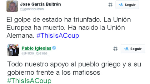 Capturas de dos tuits del médico José García Buitrón y del líder de Podemos, Pablo Iglesias, sobre el tercer rescate griego. Capturas de dos tuits del médico José García Buitrón y del líder de Podemos, Pablo Iglesias, sobre el tercer rescate griego.