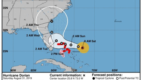 Trayecto previsto del huracán 'Dorian'CENTRO NACIONAL DE HURACANES DE EEUU Trayecto previsto del huracán 'Dorian'CENTRO NACIONAL DE HURACANES DE EEUU
