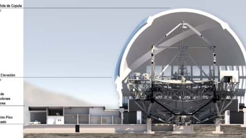 Corte transversal del diseño conceptual del Observatorio TMT con las dimensiones mostradas Corte transversal del diseño conceptual del Observatorio TMT con las dimensiones mostradas