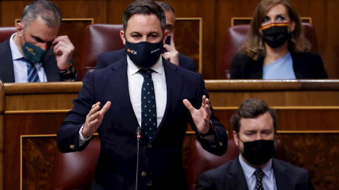 El líder de Vox, Santiago Abascal, durante su intervención en la sesión de control al Ejecutivo de este miércoles en el Congreso el 12 de mayo de 2021. El líder de Vox, Santiago Abascal, durante su intervención en la sesión de control al Ejecutivo de este miércoles en el Congreso el 12 de mayo de 2021.