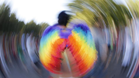 Detalle de las alas con los colores arcoiris de un asistente a la manifestación del Orgullo LGTB más grande de Europa que recorre el centro de Madrid bajo el lema "Leyes por la igualdad real ¡ya!. Año de la visibilidad bisexual en la divers