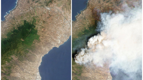 Imágenes de satélite de la isla de Tenerife antes y después del incendio, a 17 de agosto de 2023 Imágenes de satélite de la isla de Tenerife antes y después del incendio, a 17 de agosto de 2023