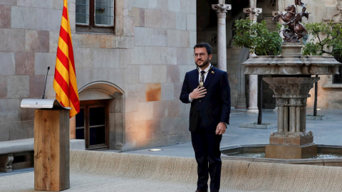 Pere Aragonès durante su toma de posesión en un acto institucional en el Palau de la Generalitat. Pere Aragonès durante su toma de posesión en un acto institucional en el Palau de la Generalitat.