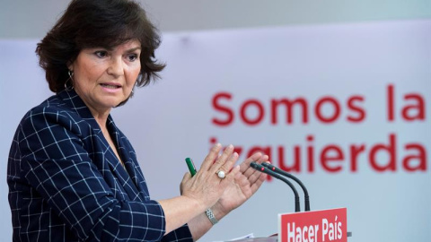 La secretaria de Igualdad del PSOE, Carmen Calvo, tras la reunión de la Comisión Ejecutiva Permanente, en la que el partido socialista ha presentado hoy una nueva Ley que impulsa la igualdad retributiva y de trato entre hombres y mujeres. E La secretaria de Igualdad del PSOE, Carmen Calvo, tras la reunión de la Comisión Ejecutiva Permanente, en la que el partido socialista ha presentado hoy una nueva Ley que impulsa la igualdad retributiva y de trato entre hombres y mujeres. E