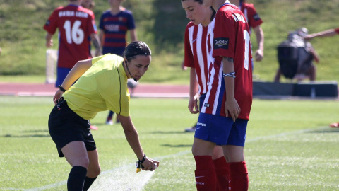 Marta Frías señala la línea de una barrera. Marta Frías señala la línea de una barrera.