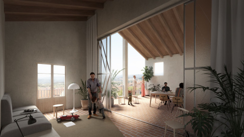 La sala d’estar, interior-exterior, amb vistes a cal Blanxart.