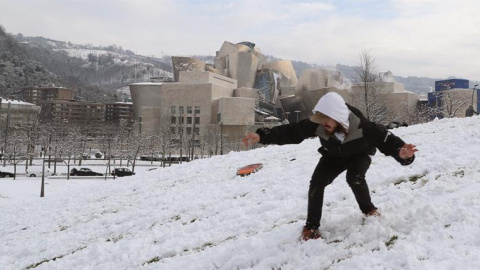 Así amanecía la ladera junto al museo Guggenheim de Bilbao cubierto de nieve. / EFE
